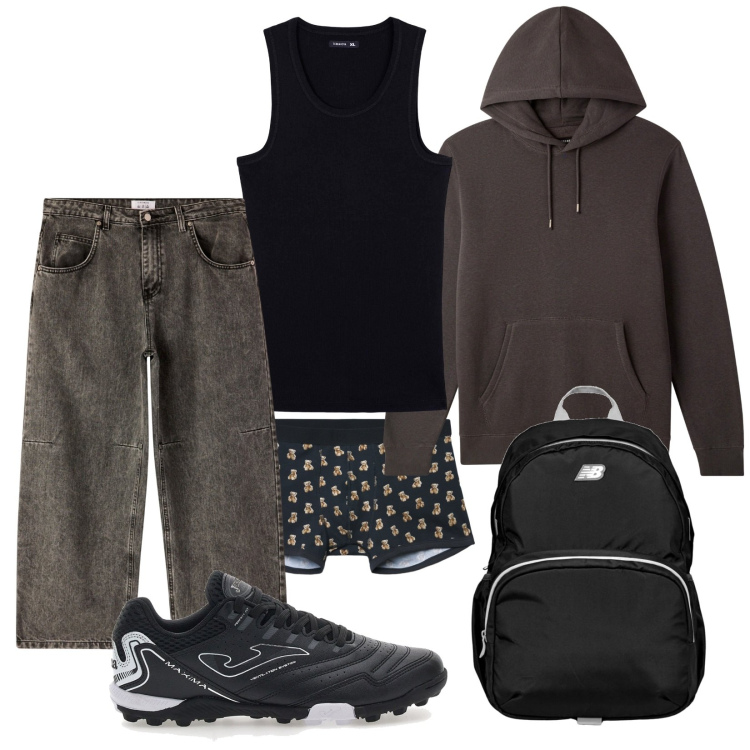 Outfit uomo - Urban. Stile Urban per Tutti i giorni. Abbinamento con jeans, canottiere, felpe con cappuccio, boxer, borse sportive, scarpe sportive.