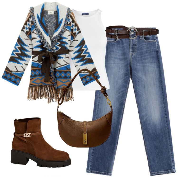 Outfit donna - Fall. Stile Etnico per Tutti i giorni. Abbinamento con stivaletti, jeans, cardigans, canottiere, borse a spalla, cinture.