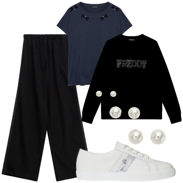 Outfit donna - Omaggio a Re Giorgio. Stile Minimal per Tutti i giorni. Abbinamento con pantaloni, felpe, orecchini, sneakers, t-shirt.