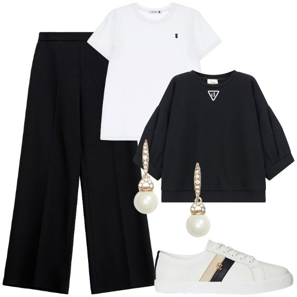 Outfit donna - Omaggio a Re Giorgio. Stile Minimal per Tutti i giorni. Abbinamento con t-shirt, pantaloni, felpe, sneakers, orecchini.