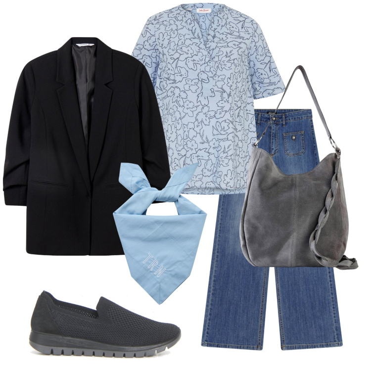 Outfit donna - Al mercato. Stile Casual per Tutti i giorni. Abbinamento con borse a mano, tuniche, blazer, foulard, jeans, sneakers.