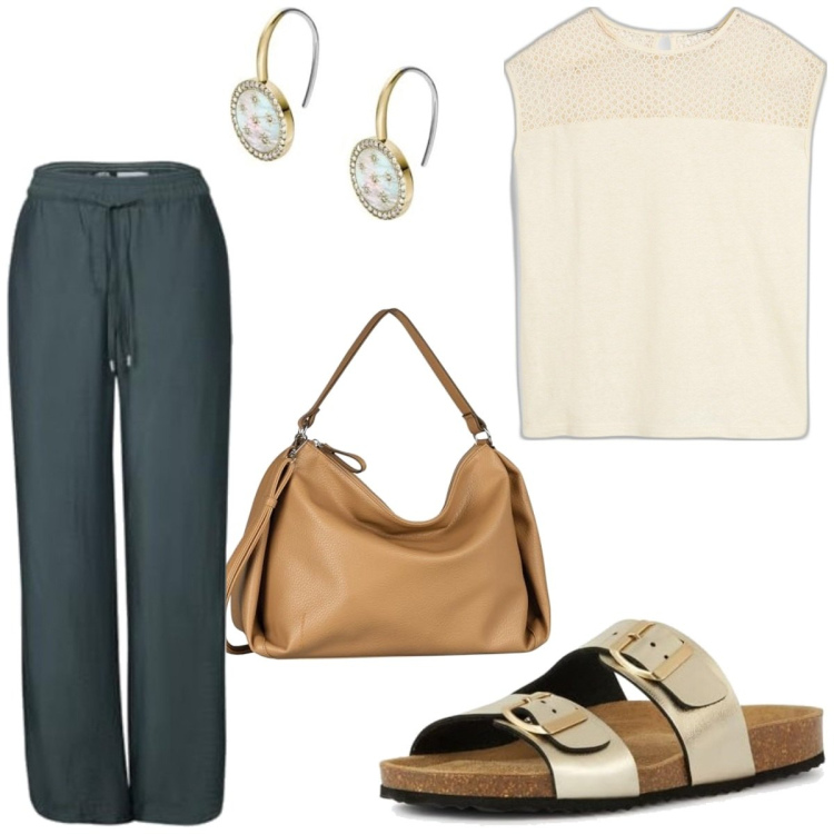 Outfit femme - Doux samedi casual. Style Casual pour Tous les jours. Assortir avec hauts, pantalon , sandales, boucles d'oreilles, sacs en bandoulière.
