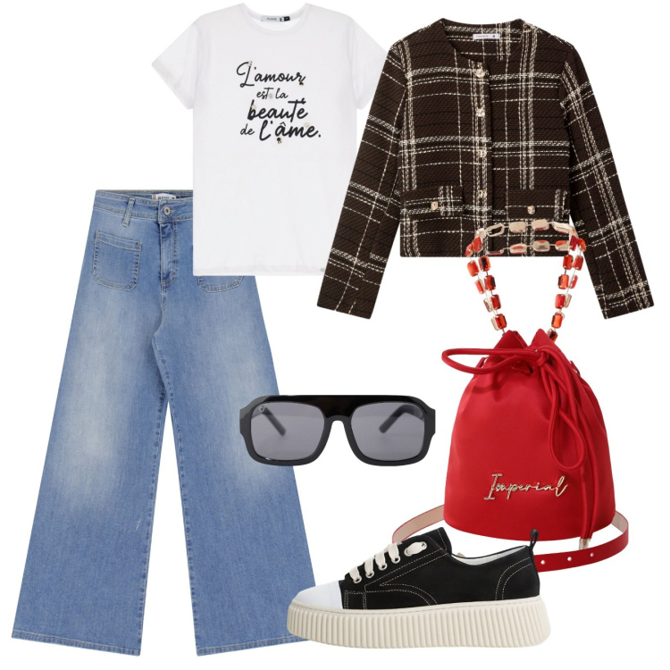 Outfit donna - Nuove tendenze: il ritorno del tartan -. Stile Casual chic per Tutti i giorni. Abbinamento con blazer, jeans, t-shirt, borse a secchiello, sneakers, occhiali da sole.
