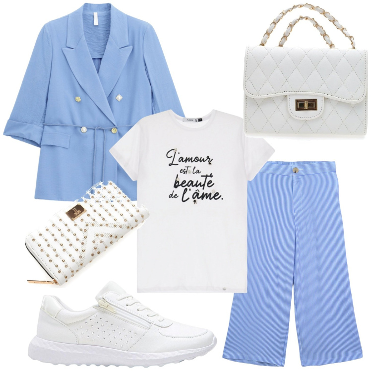 Outfit donna - Amore per l\'azzurro. Stile Minimal per Ufficio. Abbinamento con sneakers, pantaloni a palazzo, t-shirt, blazer, portafogli, borse a tracolla.