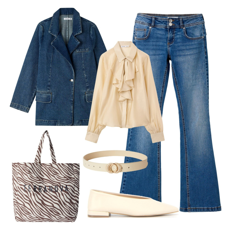 Outfit donna - Burro e Denim!. Stile Casual chic per Tutti i giorni. Abbinamento con camicie, blazer, borse tote, cinture, jeans a zampa, ballerine.