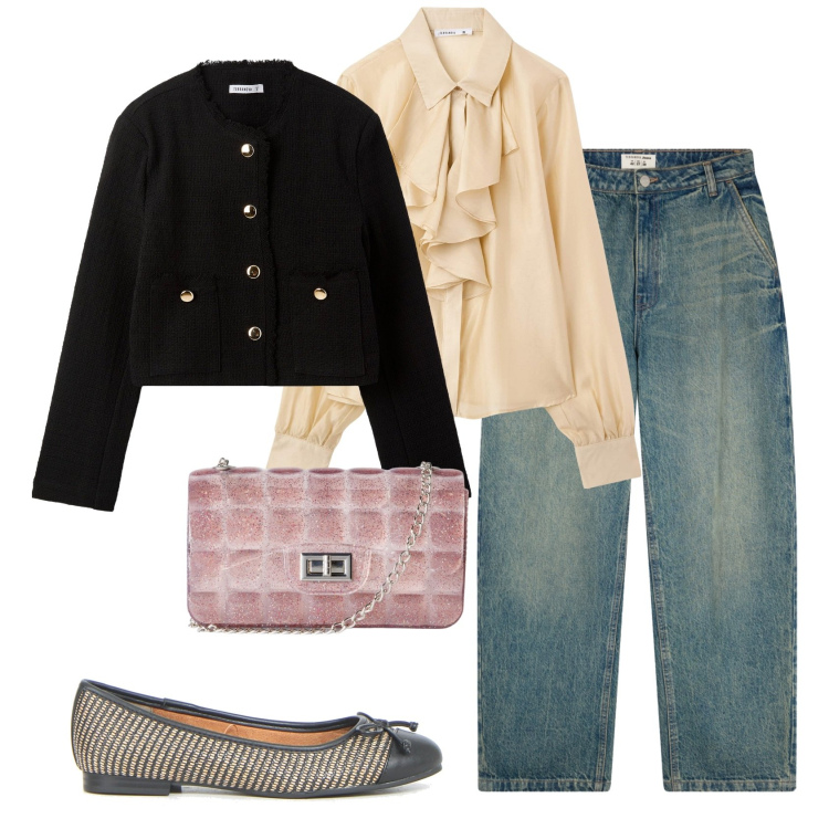 Outfit donna - Total look #2241669. Stile Bon Ton per Tutti i giorni. Abbinamento con camicie, blazer, borse a tracolla, jeans, ballerine.