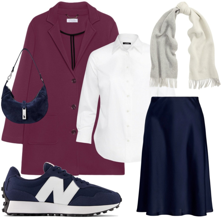 Outfit donna - Bordeaux e Blu notte. Stile Basic per Tutti i giorni. Abbinamento con sneakers, borse a spalla, gonne, camicie, sciarpe, cappotti.