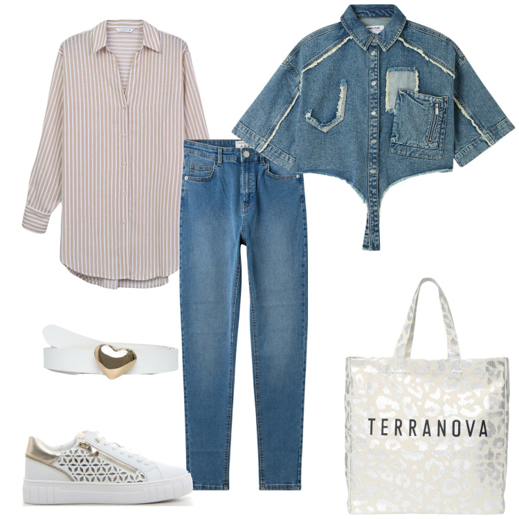 Outfit donna - Total look #2241686. Stile Casual per Tutti i giorni. Abbinamento con camicie a manica corta, jeans skinny, cinture, camicie, borse tote, sneakers.
