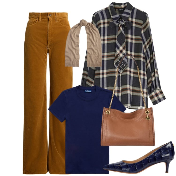 Outfit donna - Nuove tendenze: il ritorno del tartan -. Stile Casual chic per Tutti i giorni. Abbinamento con camicie, t-shirt, décolleté, pantaloni, borse tote, sciarpe.