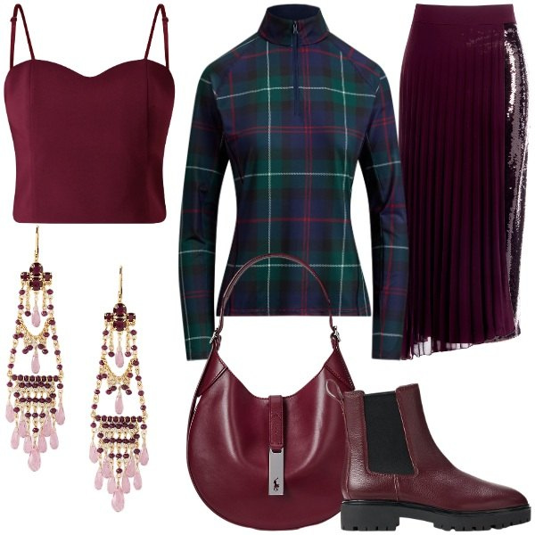 Outfit donna - Il ritorno del tartan Curvy. Stile Casual chic per Tutti i giorni. Abbinamento con gonne longuette, top, borse a spalla, pullovers, stivaletti chelsea, orecchini.