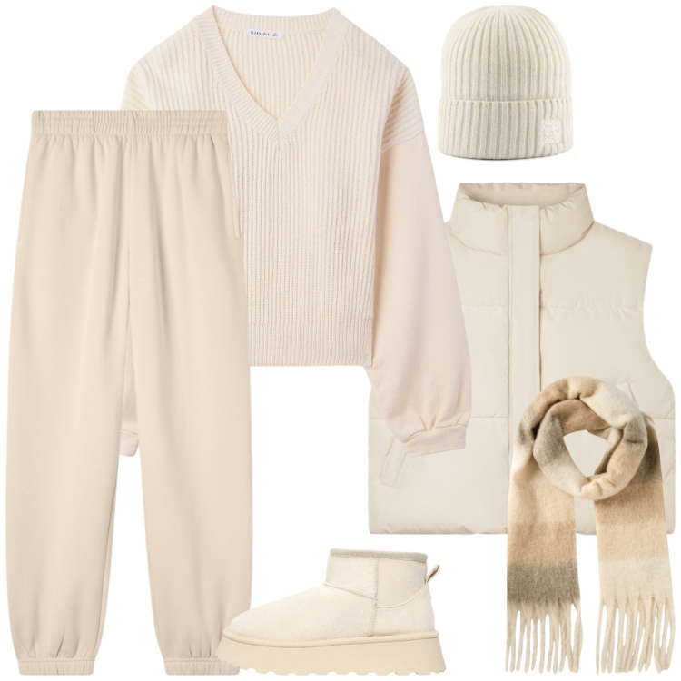 Outfit donna - Panna d’inverno. Stile Casual per Tutti i giorni. Abbinamento con piumini, sciarpe, pantaloni, maglieria, stivaletti, berretti.