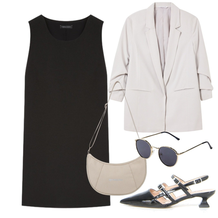 Outfit donna - Minimal chic autunnale - Focus Donna Cur. Stile Minimal per Serata fuori. Abbinamento con occhiali da sole, blazer, borse a spalla, vestiti corti, décolleté.