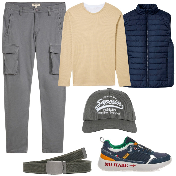 Outfit uomo - Primi freddi. Stile Casual per Tutti i giorni. Abbinamento con gilet, pantaloni cargo, cappelli con visiera, maglieria, cinture, sneakers.