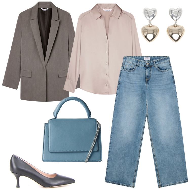 Outfit donna - Terranova - back to reality. Stile Mannish per Ufficio. Abbinamento con camicie, orecchini, borse a tracolla, blazer, jeans boyfriend, décolleté.