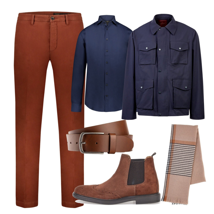 Outfit uomo - Colore Ruggine e blù navy!. Stile Urban per Tutti i giorni. Abbinamento con cinture, camicie, pantaloni, sciarpe, giacche, stivali e stivaletti.