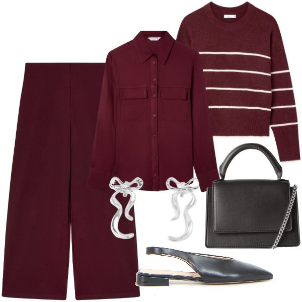 Outfit donna - Terranova - Back to reality. Stile Casual chic per Ufficio. Abbinamento con pantaloni culotte, camicie, orecchini, maglieria, borse a tracolla, décolleté.