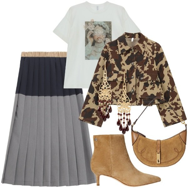 Outfit donna - Palette perfetta per l\'autunno. Stile Trendy per Tutti i giorni. Abbinamento con cappotti, gonne longuette, t-shirt, borse a spalla, stivaletti, orecchini.