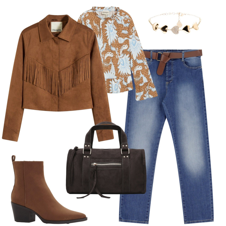 Outfit donna - Il giubbino con le frange. Stile Rock per Tutti i giorni. Abbinamento con maglieria, blazer, stivaletti texani, borse a mano, jeans dritti, braccialetti.