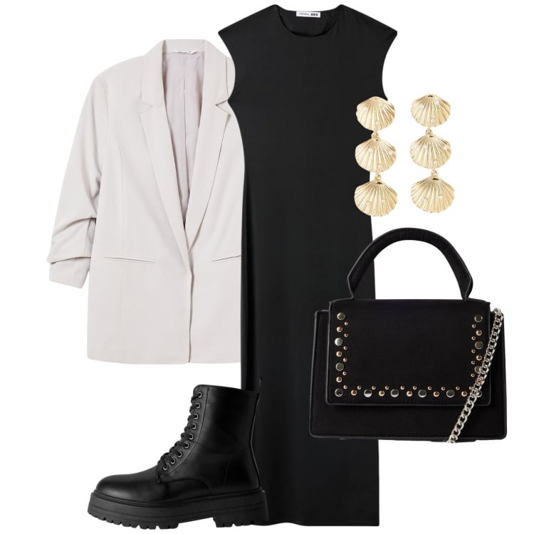 Outfit donna - Serata fuori. Stile Trendy per Serata fuori. Abbinamento con vestiti midi/longuette, blazer, orecchini, borse a tracolla, anfibi.