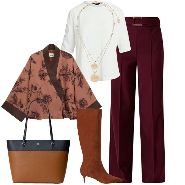 Outfit donna - Come una geisha. Stile Vintage retrò per Serata fuori. Abbinamento con pantaloni, blazer, ciondoli, t-shirt, borse tote, stivali.
