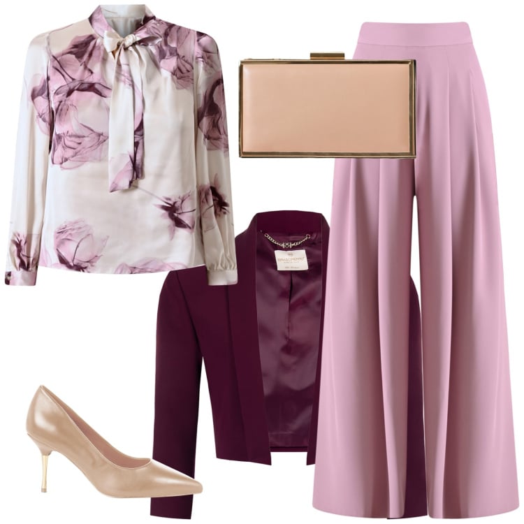 Outfit donna - Raffinata eleganza. Stile Trendy per Cerimonia. Abbinamento con pantaloni a palazzo, bluse, blazer, pochette, décolleté.