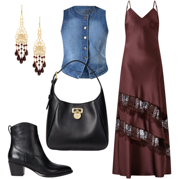 Outfit donna - Rinascimento Boho chic. Stile Boho per Tutti i giorni. Abbinamento con vestiti lunghi, gilet, stivaletti, orecchini, borse a tracolla.