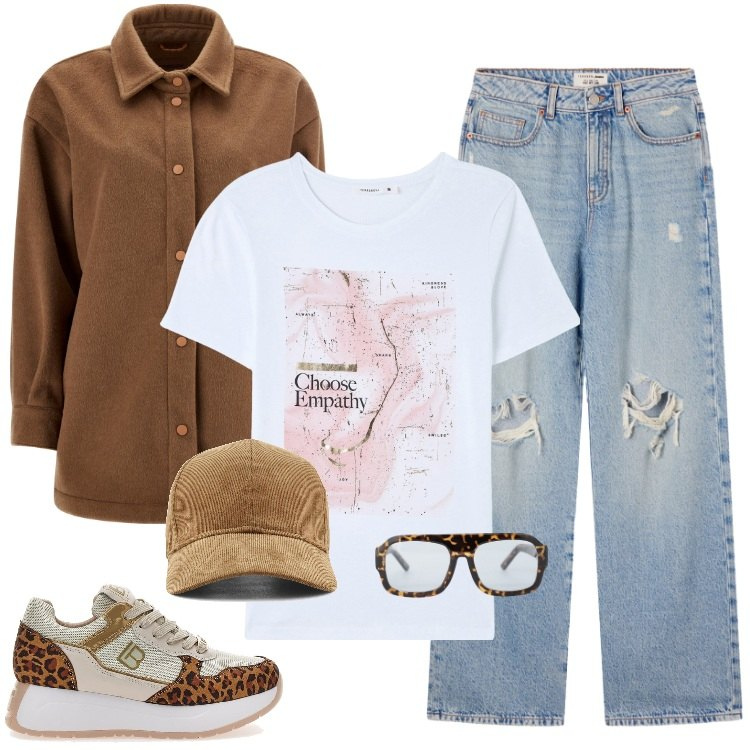 Outfit donna - Total look #2241755. Stile Urban per Tutti i giorni. Abbinamento con jeans strappati, t-shirt, occhiali da sole, cappotti, sneakers, cappelli con visiera.