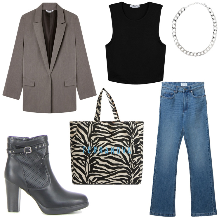 Outfit donna - Stilosa in jeans e blazer. Stile Casual chic per Tutti i giorni. Abbinamento con borse tote, top, collane, jeans bootcut, blazer, stivaletti.
