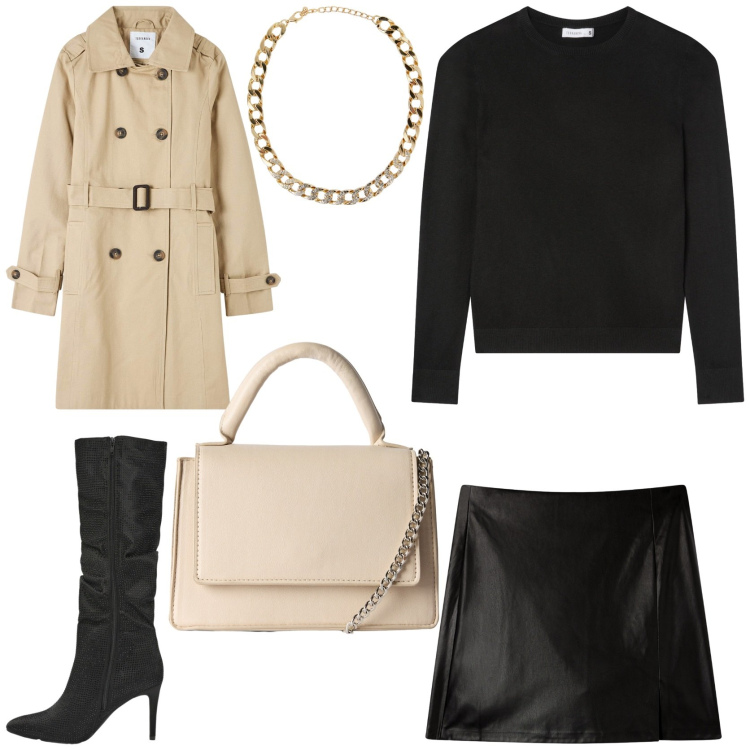 Outfit donna - Minimalist elegance. Stile Trendy per Tutti i giorni. Abbinamento con trench, collane, borse a tracolla, minigonne, stivali, maglieria.