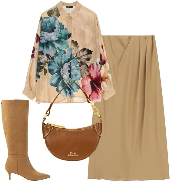 Outfit donna - Grandi corolle. Stile Trendy per Ufficio. Abbinamento con camicie, gonne lunghe, stivali, borse a tracolla.