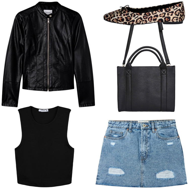 Outfit donna - Grintosa. Stile Trendy per Tutti i giorni. Abbinamento con top, borse tote, minigonne, ballerine, giacche.