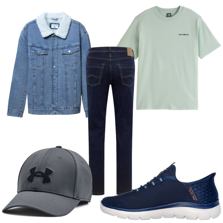 Outfit uomo - Total look #2241770. Stile Trendy per Tutti i giorni. Abbinamento con jeans dritti, giacche, t-shirt, sneakers, cappelli.