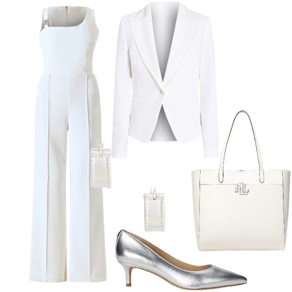 Outfit donna - Il completo bianco. Stile Chic per Cerimonia. Abbinamento con tute, blazer, décolleté, borse tote, orecchini.
