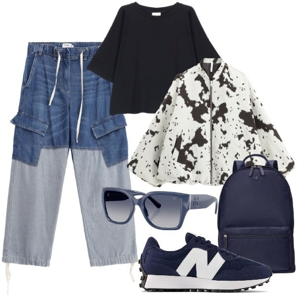 Outfit donna - tempo libero di sabato. Stile Casual chic per Tutti i giorni. Abbinamento con sneakers, jeans, bomber, t-shirt, zaini, occhiali da sole.
