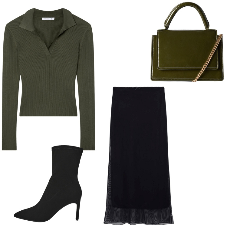 Outfit donna - Autumn workwear. Stile Chic per Ufficio. Abbinamento con gonne lunghe, borse a tracolla, stivali, maglieria.