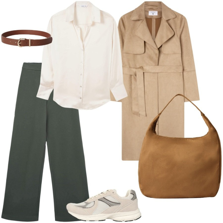 Outfit donna - Si ritorna alla vita quotidiana. Stile Casual chic per Ufficio. Abbinamento con pantaloni, borse a mano, sneakers, camicie, trench, cinture.
