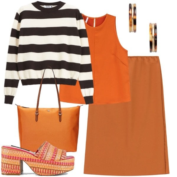Outfit donna - We al mare. Stile Casual chic per Mare. Abbinamento con pullovers, top, gonne, borse tote, orecchini, zeppe.