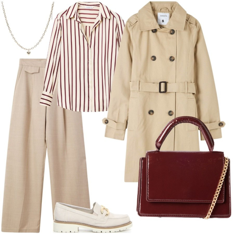 Outfit donna - At work. Stile Mannish per Ufficio. Abbinamento con trench, collane, pantaloni, borse a tracolla, camicie, mocassini.