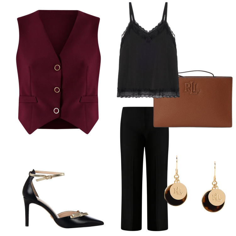 Outfit donna - Eleganza essenziale. Stile Casual chic per Ufficio. Abbinamento con décolleté, gilet, pantaloni a palazzo, orecchini, pochette, canottiere.