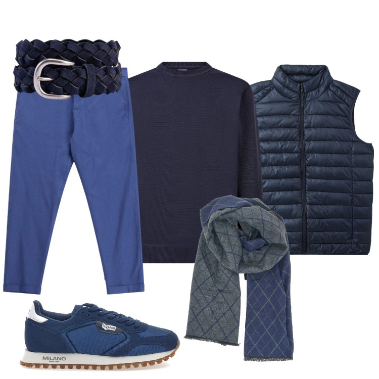 Outfit uomo - Giornata piovosa. Stile Casual per Tutti i giorni. Abbinamento con piumini, pantaloni, maglieria, sneakers, sciarpe, cinture.