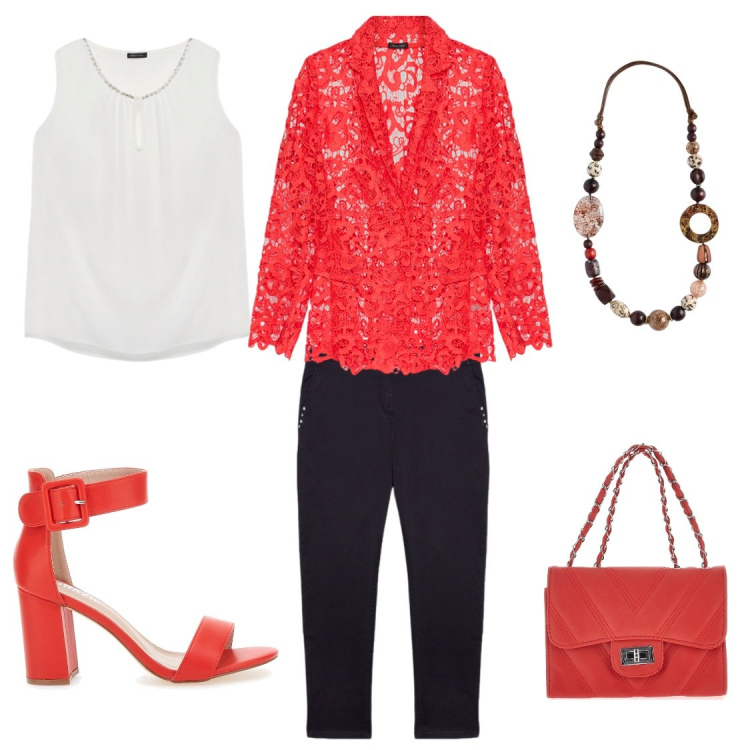 Outfit donna - Aperitivo di fine estate. Stile Casual chic per Serata fuori. Abbinamento con sandali col tacco, pantaloni chino, top, collane, blazer, borse a tracolla.