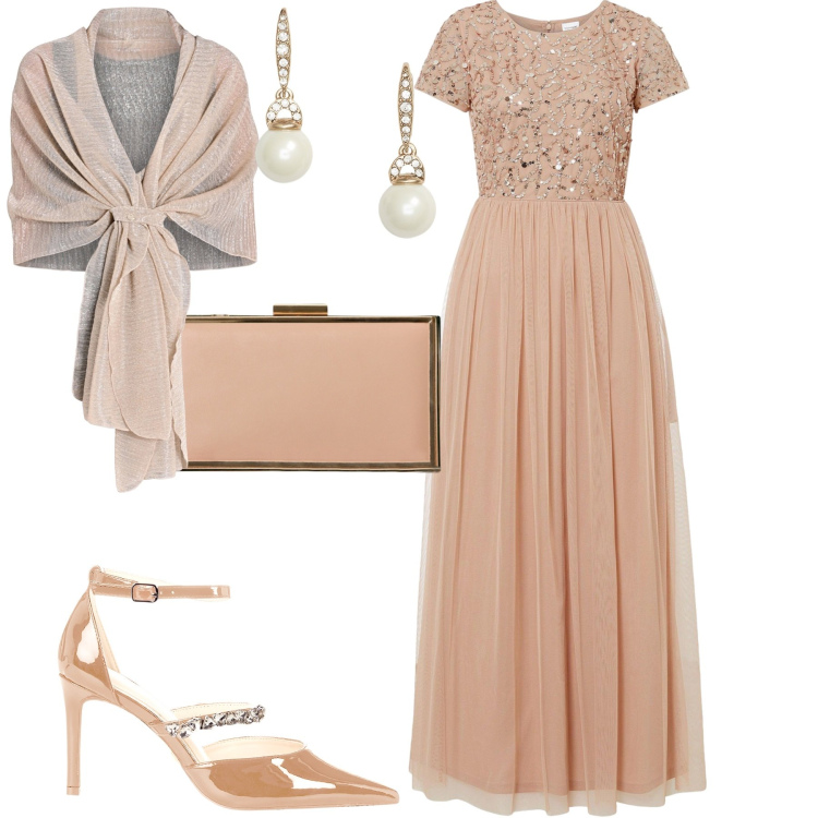 Outfit donna - Invitata speciale. Stile Chic per Cerimonia. Abbinamento con vestiti lunghi, pochette, décolleté, stole, orecchini.