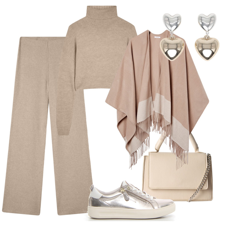 Outfit donna - Tortora mélange 1000 occasioni. Stile Casual chic per Tutti i giorni. Abbinamento con cappe, pantaloni, orecchini, borse a tracolla, maglieria, sneakers.