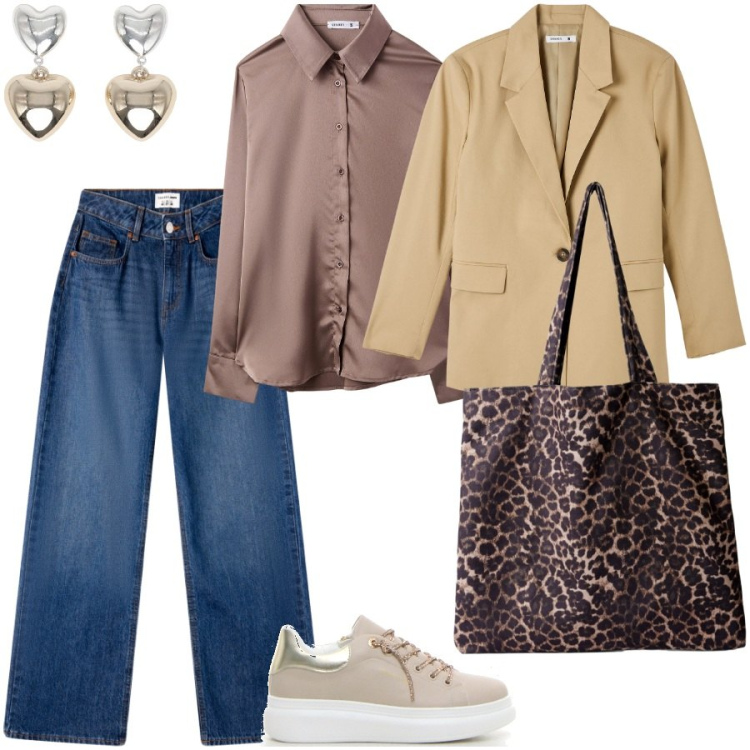 Outfit donna - At the university. Stile Casual chic per Scuola/Università. Abbinamento con blazer, orecchini, camicie, shopping bag, jeans, sneakers.