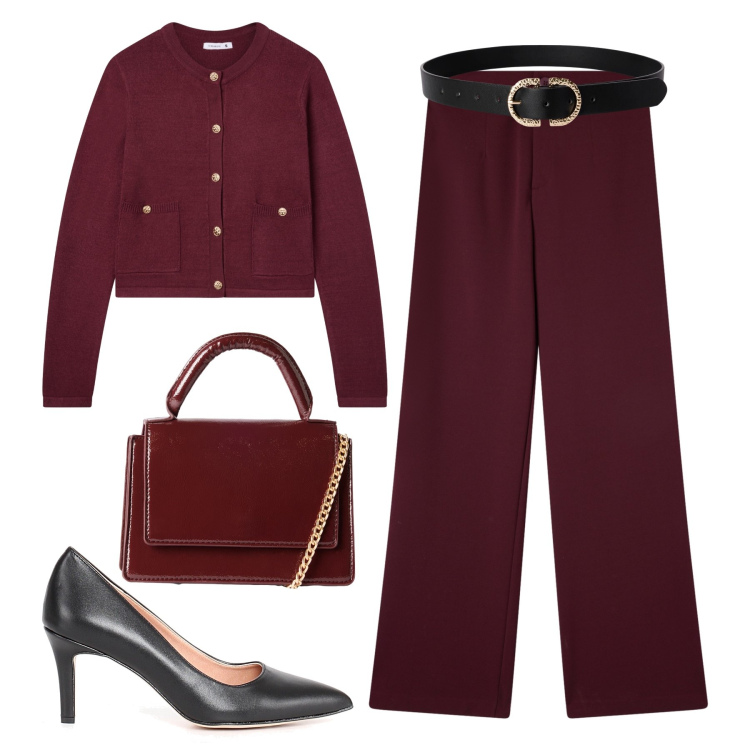 Outfit donna - Prugna & bordeaux a cena. Stile Chic per Serata fuori. Abbinamento con borse a tracolla, cinture, pantaloni, cardigans, décolleté.