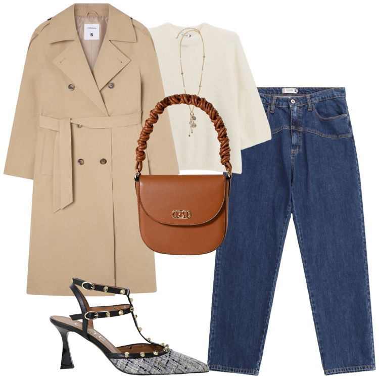 Outfit donna - Il trench classico. Stile Casual chic per Tutti i giorni. Abbinamento con trench, borse a mano, jeans, pullovers, décolleté, ciondoli.
