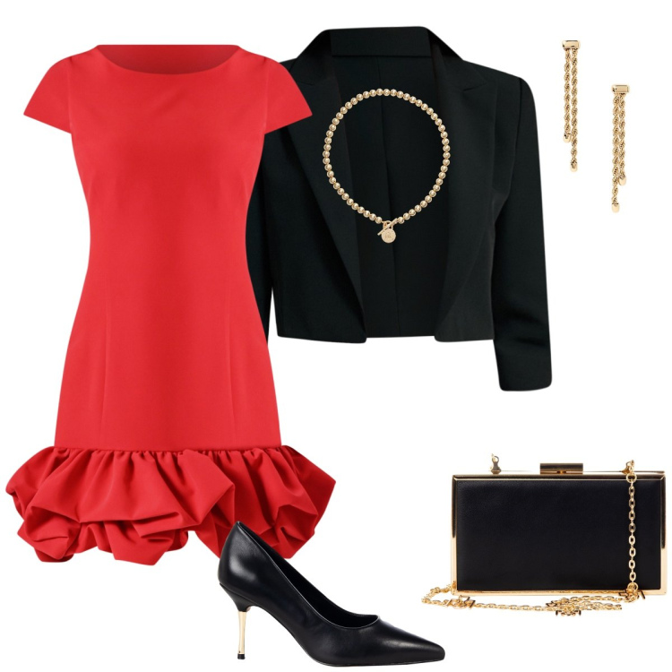 Outfit donna - Capodanno. Stile Glamour per Serata fuori. Abbinamento con vestiti, décolleté, pochette, bolero, collane, orecchini.
