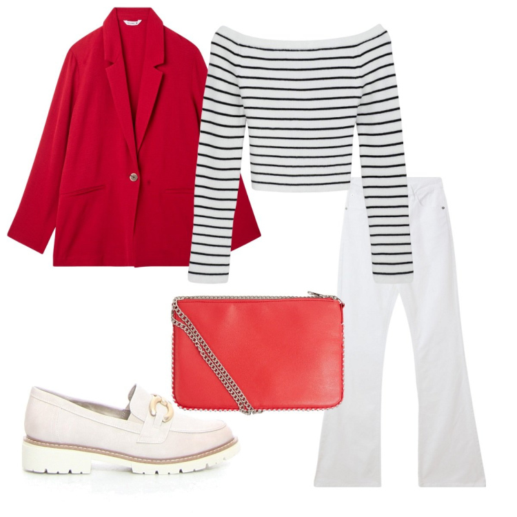 Outfit donna - Terranova -Back to reality. Stile Casual per Tutti i giorni. Abbinamento con blazer, borse a tracolla, jeans a zampa, maglieria, mocassini.