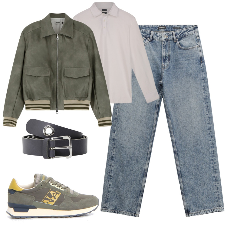 Outfit uomo - Fall. Stile Trendy per Tutti i giorni. Abbinamento con cinture, bomber, jeans dritti, polo, sneakers.