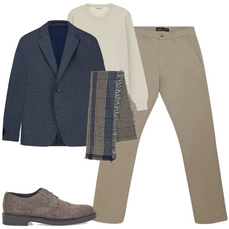 Outfit uomo - City. Stile Urban per Tutti i giorni. Abbinamento con pantaloni chino, maglieria, sciarpe, giacche, scarpe stringate.